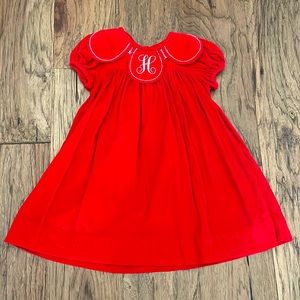 Red Corduroy Smocked “H” Embroidered Dress